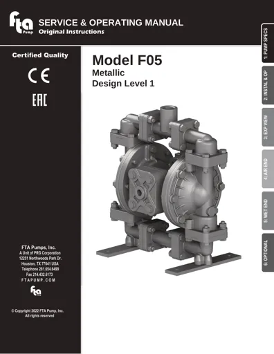 Bombas de diafragma FTA Pump modelo F05 metálica Manual de Servicio