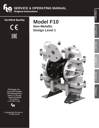 Bombas de diafragma FTA Pump modelo F10 No Metálica Manual de Servicio