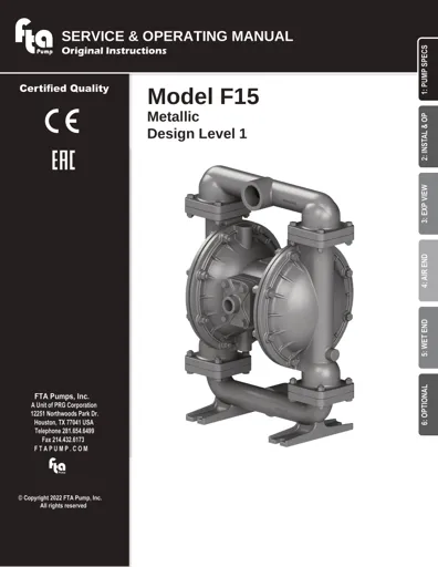 Bombas de diafragma FTA Pump modelo F15 metálica Manual de Servicio