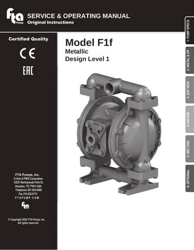 Bombas de diafragma FTA Pump modelo F1f metálica Manual de Servicio