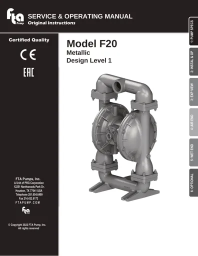 Bombas de diafragma FTA Pump modelo F20 metálica Manual de Servicio