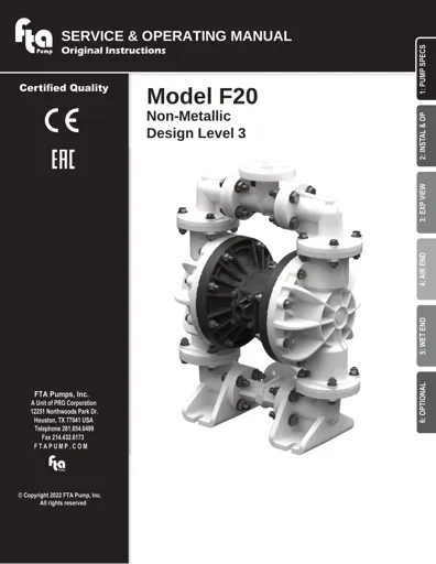 Bombas de diafragma FTA Pump modelo F20 No Metálica Manual de Servicio