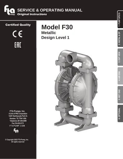 Bombas de diafragma FTA Pump modelo F30 metálica Manual de Servicio