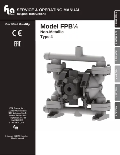 Bombas de diafragma FTA Pump modelo FB14 No Metálica Manual de Servicio