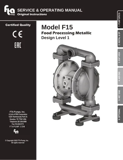 Bombas de diafragma FTA Pump modelo T15 FDA metálica Manual de Servicio