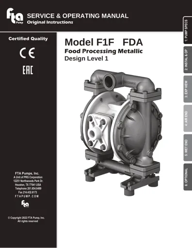 Bombas de diafragma FTA Pump modelo T1f FDA metálica Manual de Servicio