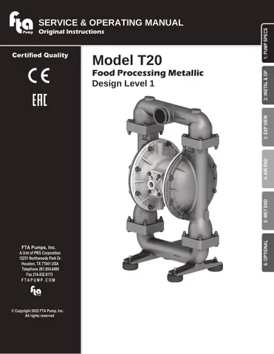 Bombas de diafragma FTA Pump modelo T20 FDA metálica Manual de Servicio