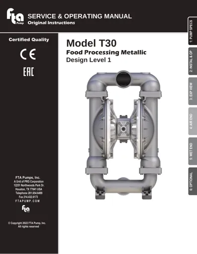Bombas de diafragma FTA Pump modelo T30 FDA metálica Manual de Servicio