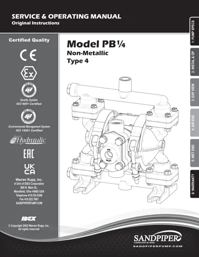 Bombas de diafragma Sandpiper modelo PB1/4 no metálica Manual de Servicio