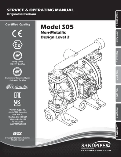 Bombas de diafragma Sandpiper modelo S05 no metálica Manual de Servicio